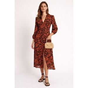ba&sh Robe Aline in Brique Floral Midi Dress Size S Boho Parisian Romantic Chic